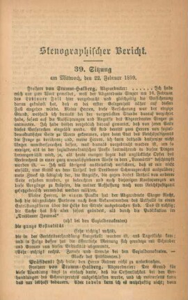 Stenografischer Bericht : 39. Sitzung am Mittwoch, den 22. Februar 1899