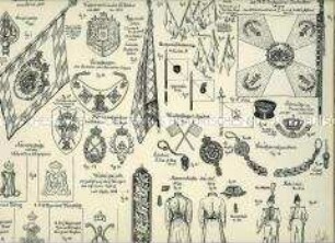 Uniformdarstellung, Detailstudie Fahnen, Ringkraken, Abzeichen, Schulterklappen, Mannschaftsmäntel und Hoboisten-Uniformen der Infanterie, Königreich Bayern, 1803/1900. Beiblatt 3 zu Tafel XXIV aus: Müller/Braun: Königl. Bayerische Armee.