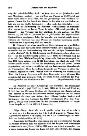 Schulz, Helga :: Soziale und politische Auseinandersetzungen in Rostock im 18. Jahrhundert, (Abhandlungen zur Handels- und Sozialgeschichte, 13) : Weimar, Böhlau, 1974
