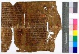 Pergamentfragment wohl aus einem Evangelienbuch, mit roten Kapitelinitialien und roten Worthervorhebungen (in lateinischer Sprache)