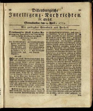 IV. Stück. Sonnabends: den 24. April / 1773.