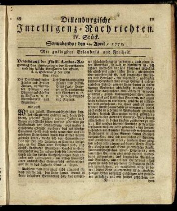IV. Stück. Sonnabends: den 24. April / 1773.