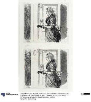 Die Magd tritt mit dem von Adam bestellten Glas Wasser in das Gerichtszimmer (zwei Drucke), zu Heinrich von Kleist "Der Zerbrochene Krug"