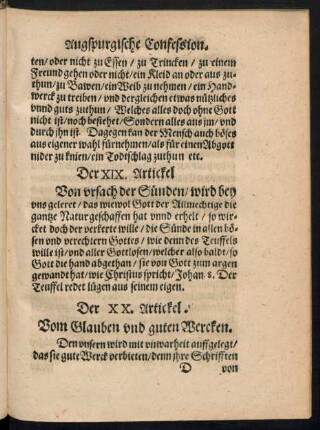 Der XX. Artickel. Vom Glauben und guten Wercken.