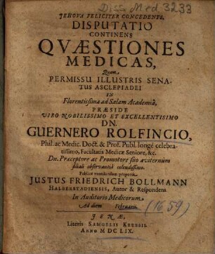 Disputatio Continens Qvaestiones Medicas
