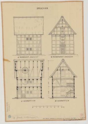 Marienfeld bei Harsewinkel (Kreis Warendorf): Hof Meier Osterhoff. Speicher (Ansichten, Schnitte)