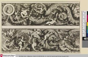 [Zwei Friese, das obere mit einem einer Büste, darunter Putti mit einem Greif; Frises de feuillages]