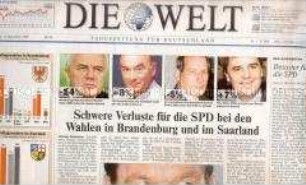 Tageszeitung "Die Welt" mit Berichten über die Landtagswahlen in Brandenburg und im Saarland