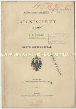 Patentschrift eines einstellbaren Särades, Patent-Nr. 4888