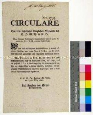 Zirkular des Kreisamtes St. Pölten mit der Anweisung die Hauptausweise über die verteilten Aushilfsfrüchte einzusenden; Sankt Pölten, 13. März 1807