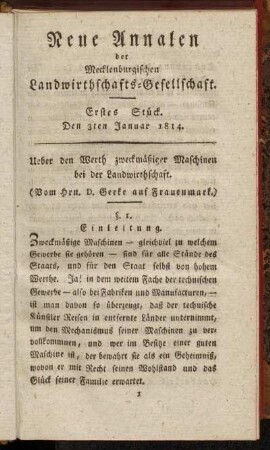 Erstes Stück. Den 3ten Januar 1814.