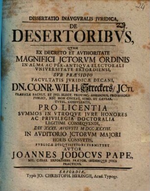 Dissertatio inauguralis iuridica de desertoribus