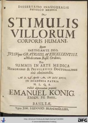 Dissertatio Inauguralis Physico Medica De Stimulis Villorum Corporis Humani