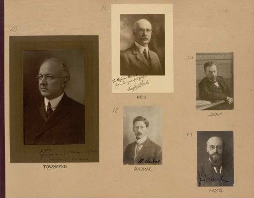 Bl. 7: Fotografien der Mathematiker Edgar J. Townsend, Legh W. Reid, Alfred Loewy, Albert Andrae und Georg Hamel, 1920 - 1922