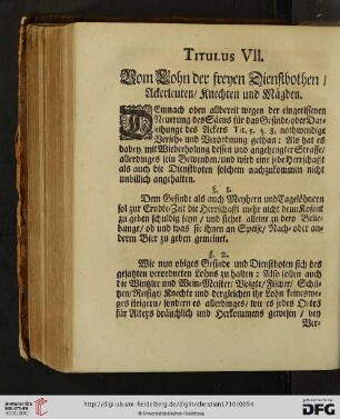 Titulus VII: Vom Lohn der freyen Dienstbothen / Ackerleuten / Knechten und Mägden