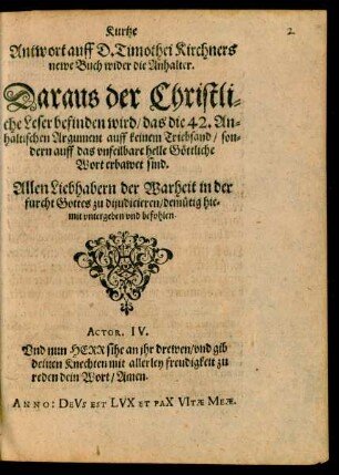 Kurtze Antwort auff D. Timothei Kirchners newe Buch wider die Anhalter ...