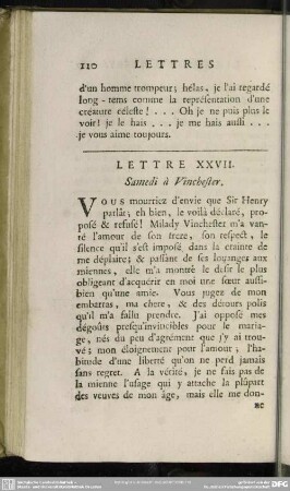 Lettre XXVII. Samedi à Vinchester