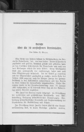 Bericht über die 10 verflossenen Vereinsjahre.