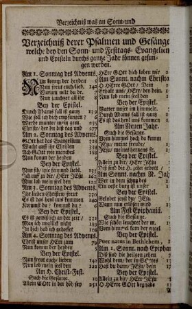 Verzeichniß derer Psalmen und Gesänge welche bey den Sonn- und Festags- Evangelien ...