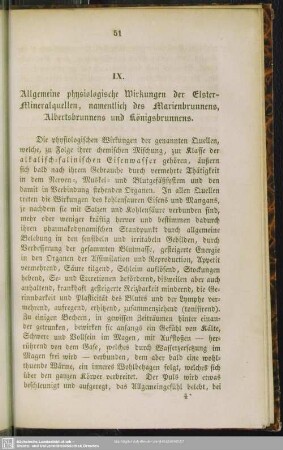 IX. Allgemeine physiologische Wirkungen der Elster-Mineralquellen, namentlich des Marienbrunnens, Albertbrunnens und Königsbrunnens