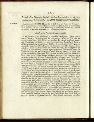 Extrait d'un Mémoire intitulé Recherches chimique et physiologique sur l'Ipécacuanha