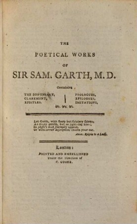 The Poetical works of Sir Sam. Garth : with the life of the author