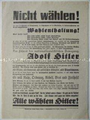 Wahlaufruf der NSDAP für den 2. Wahlgang der Reichspräsidentenwahl 1932 mit Blickrichtung auf die Nichtwähler