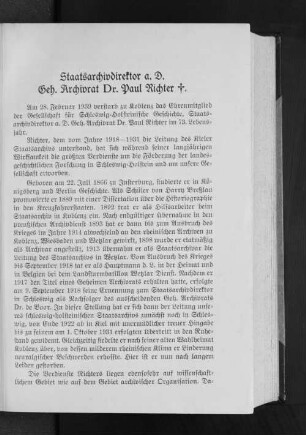 Staatsarchivdirektor a. D. Geh. Archivrat Dr. Paul Richter +.