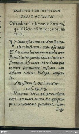 Caput Octavum. Ostenditur Testimoniis Patrum, quod Deus no sit peccatorum causa
