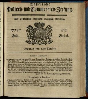 43tes Stueck, Montag den 24ten October 1774