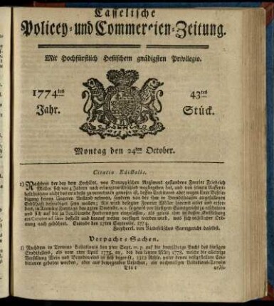 43tes Stueck, Montag den 24ten October 1774