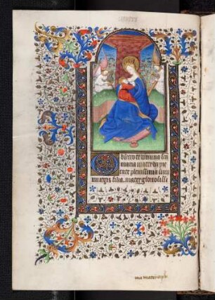 Bordüren-Miniatur-Seite: (Mariengebet) Maria im Rosenhag; Zierinitiale: O(bsecro te)