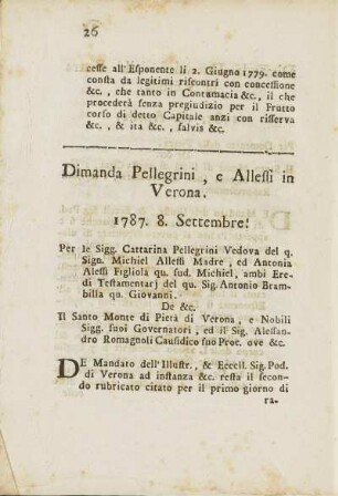 Dimanda Pellegrini, e Allessi in Verona. 1787. 8. Settembre
