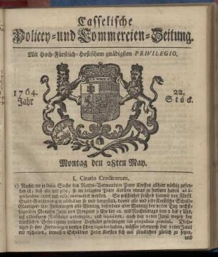 22. Stueck, Montag den 28ten May 1764