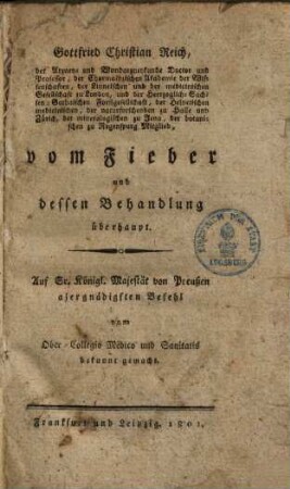 Vom Fieber & dessen Behandlung überhaupt