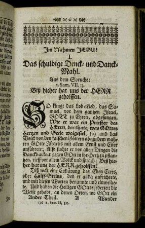 I. Das schuldige Denck- und Danckmahl. - IV. Die aller-edelste Wissenschafft.