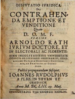 Dispvtatio Ivridica. De Contrahenda Emptione Et Venditione