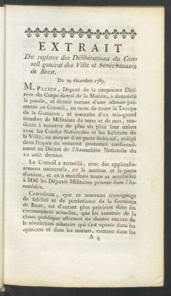 Extrait Du registre des Délibérations du Conseil général des Ville et Sénéchaussée de Brest