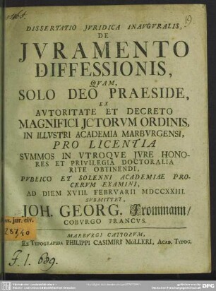 Dissertatio Iuridica Inauguralis De Iuramento Diffessionis