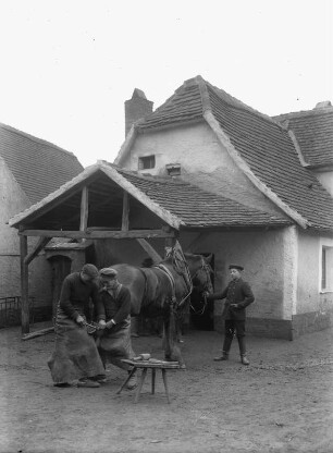 Dorfschmiede : Frohburg, Dorfschmiede. Hufschmiede bei der Arbeit