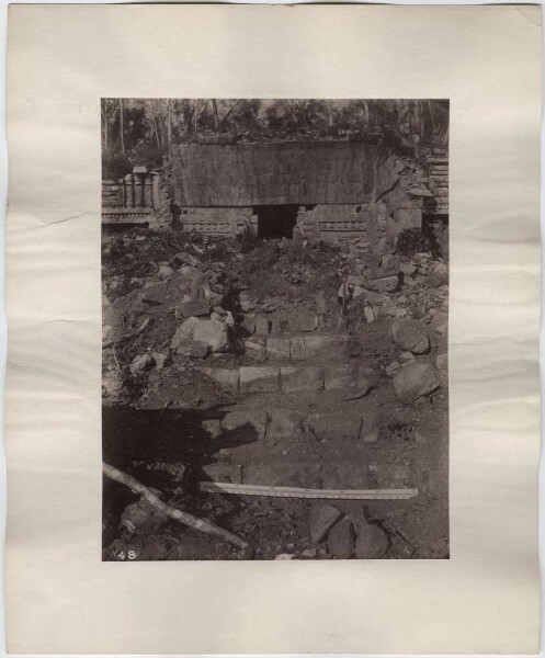 "Palace. Details. Steps to the main building. View to the north." (with excavation tools)