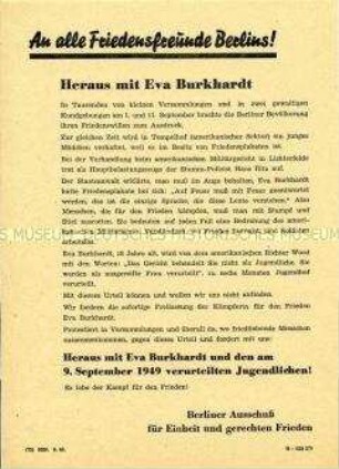 Propagandaflugblatt zum Protest gegen die Verurteilung von Einwohnern der Westsektoren Berlins durch ein amerikanisches Militärgericht