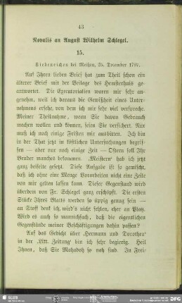 Novalis an August Wilhelm von Schlegel, Siebeneichen <Meißen>, 25.12.1797