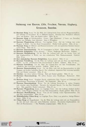 Steinzeug von Raeren, Cöln, Frechen, Nassau, Siegburg, Kreussen, Bunzlau (Nr. 443-525)
