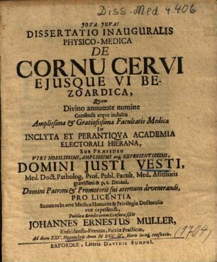 Dissertatio Inauguralis Physico-Medica De Cornu Cervi Ejusque [Eiusque] Vi Bezoardica