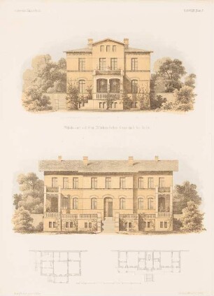 Wohnhäuser auf dem Hildebrandtschen Grundstück, Berlin: Grundrisse, Ansichten (aus: Architektonisches Skizzenbuch, H. 23, 1855)