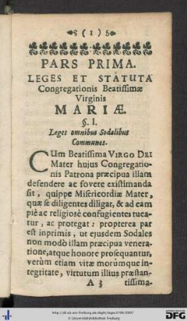 Pars Prima. Leges et Statuta Congregationis Beatissimae Virginis Mariae.