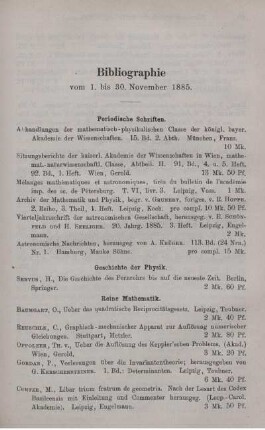 Bibliographie vom 1. bis 30. November 1885.
