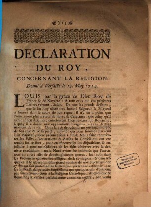 Declaration du roi concernans la religion
