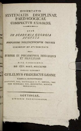 Dissertatio Systematis Disciplinae Paedagogicae Conspectvm Exhibens